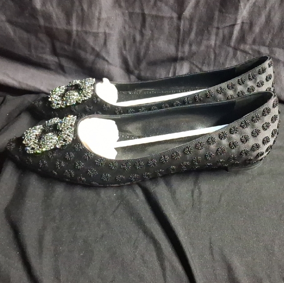 PRICED TO MOVE: Manolo Blahnik Black Flats with Embellished Detail